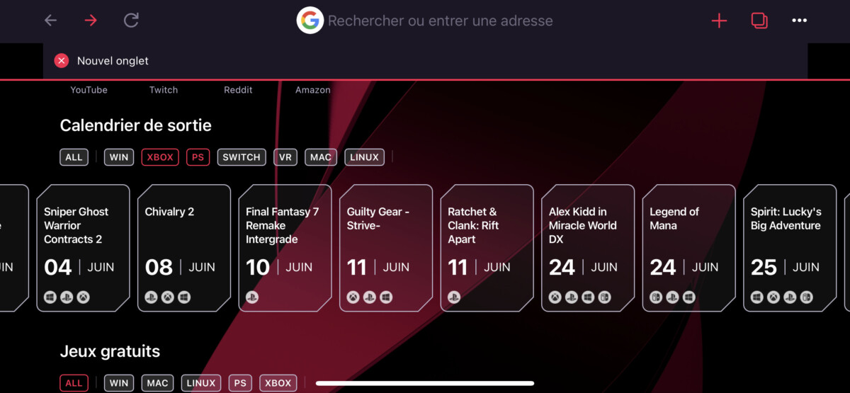 Opera GX Mobile displays the gaming schedule