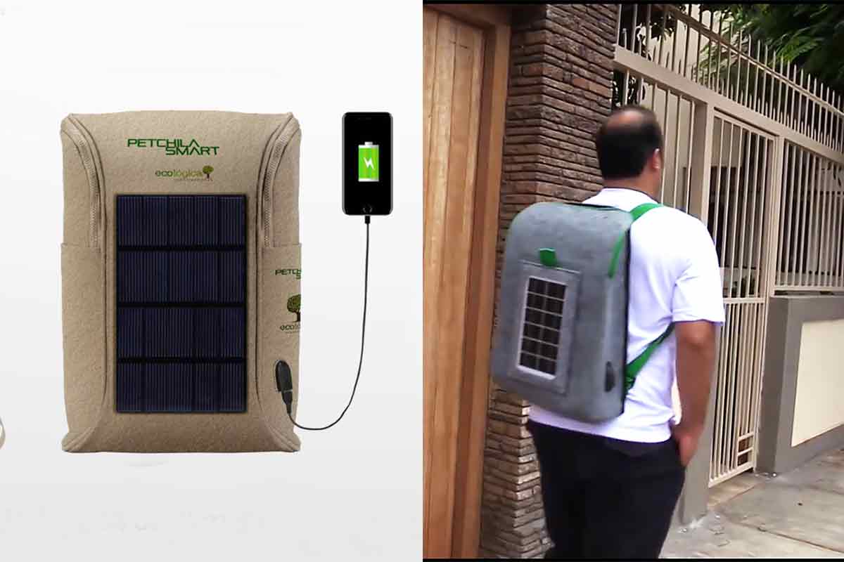 This solar panel backpack recharges your cell phone for free, recycles 50 plastic bottles and compensates the peruvian woman