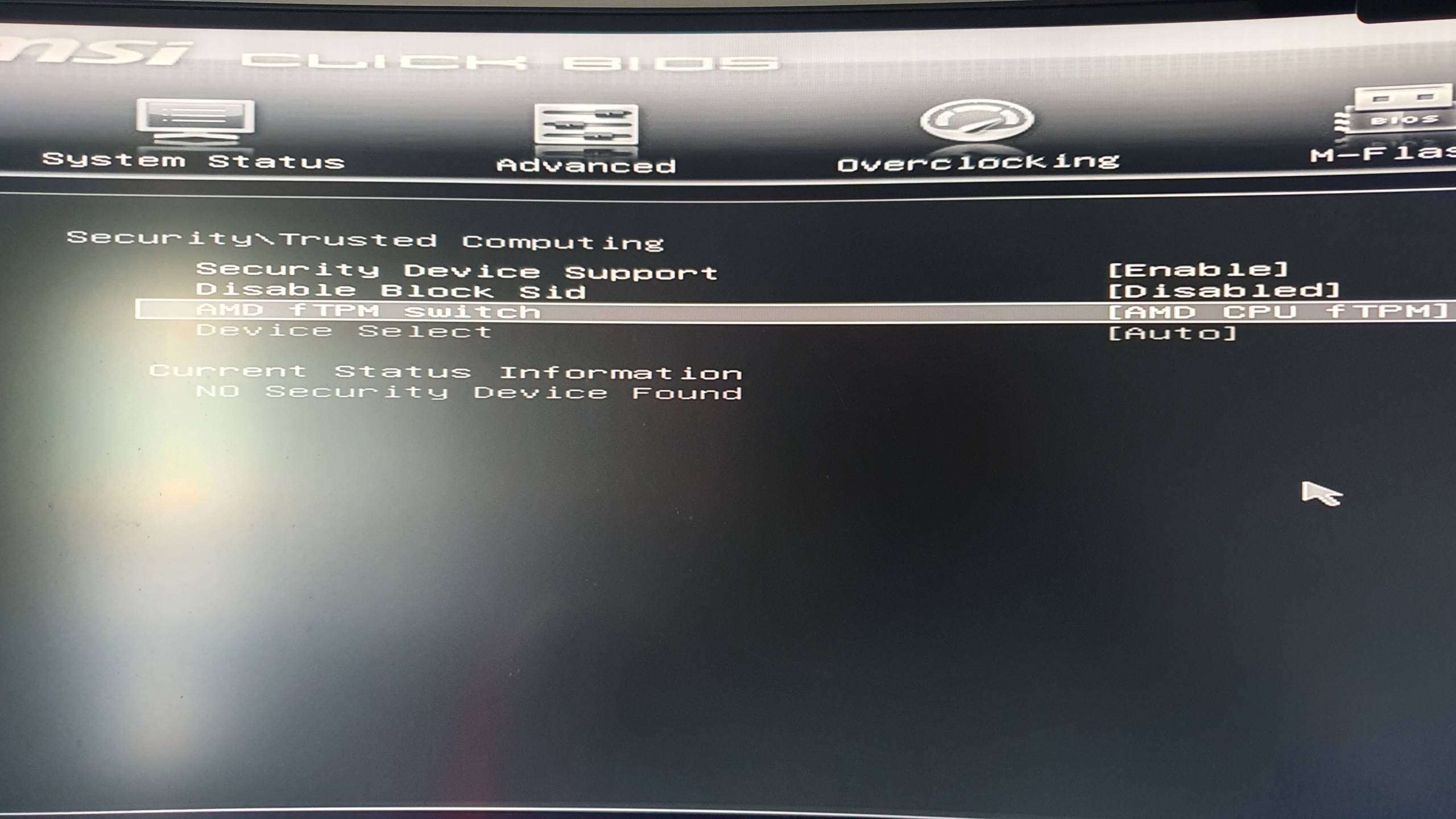 Activate fTPM from MSI BIOS