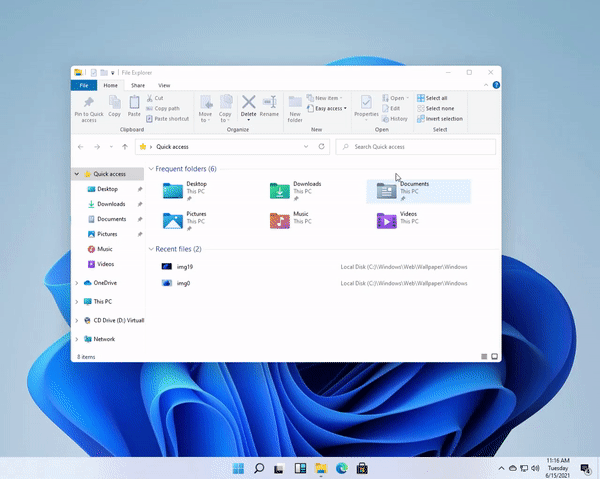 Among other things, Windows 11 gets a new window management.  (animation: edge)