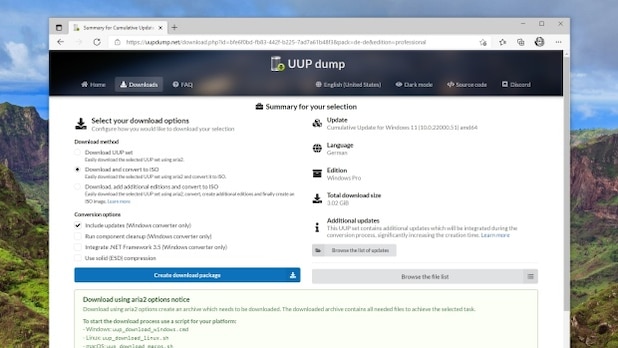 The UUP dump loads Windows 11 from Microsoft and creates an ISO file from it.