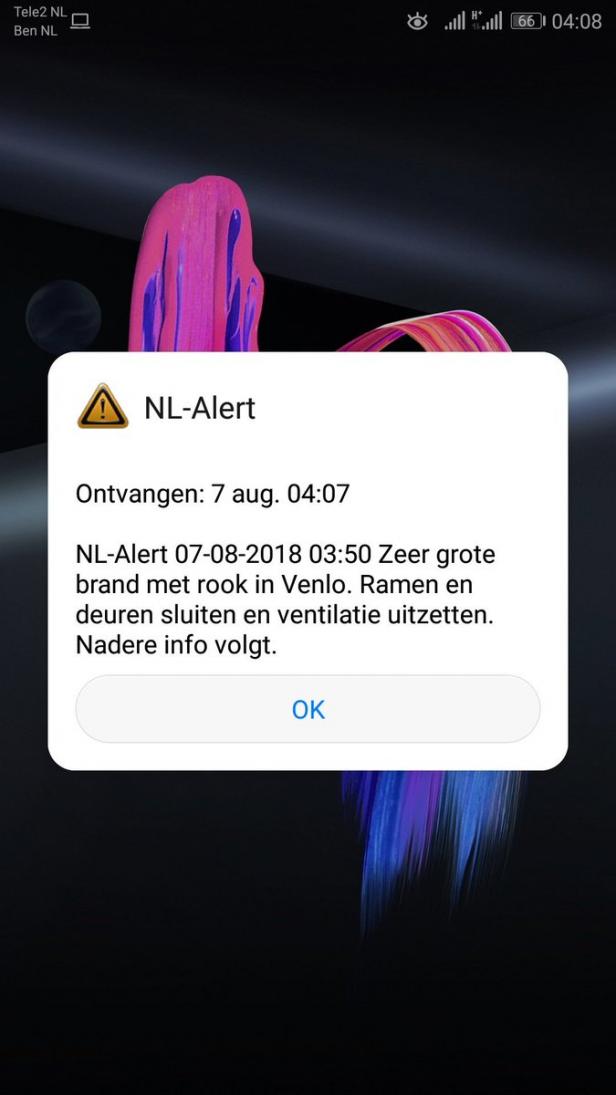 Warning message from the NL-Alert warning system before there is a fire