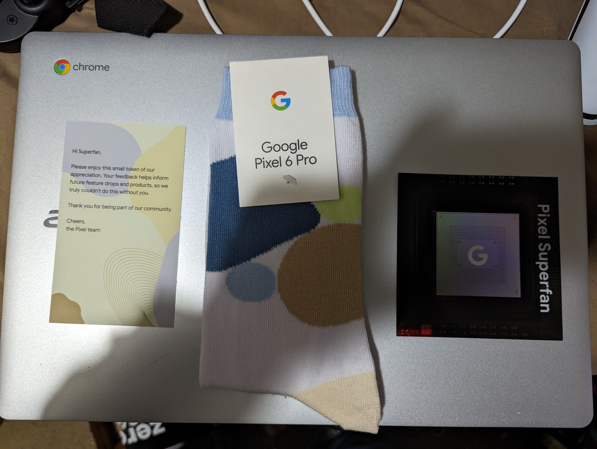 Pixel Superfan, Tool in Distribution: Pixel 6 Pro Socks and Google Tensor Stickers