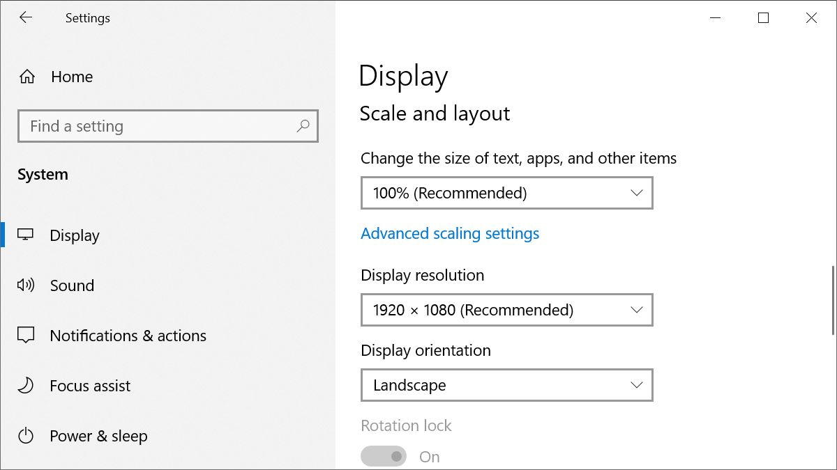 Windows 10 Scale display settings and layout options