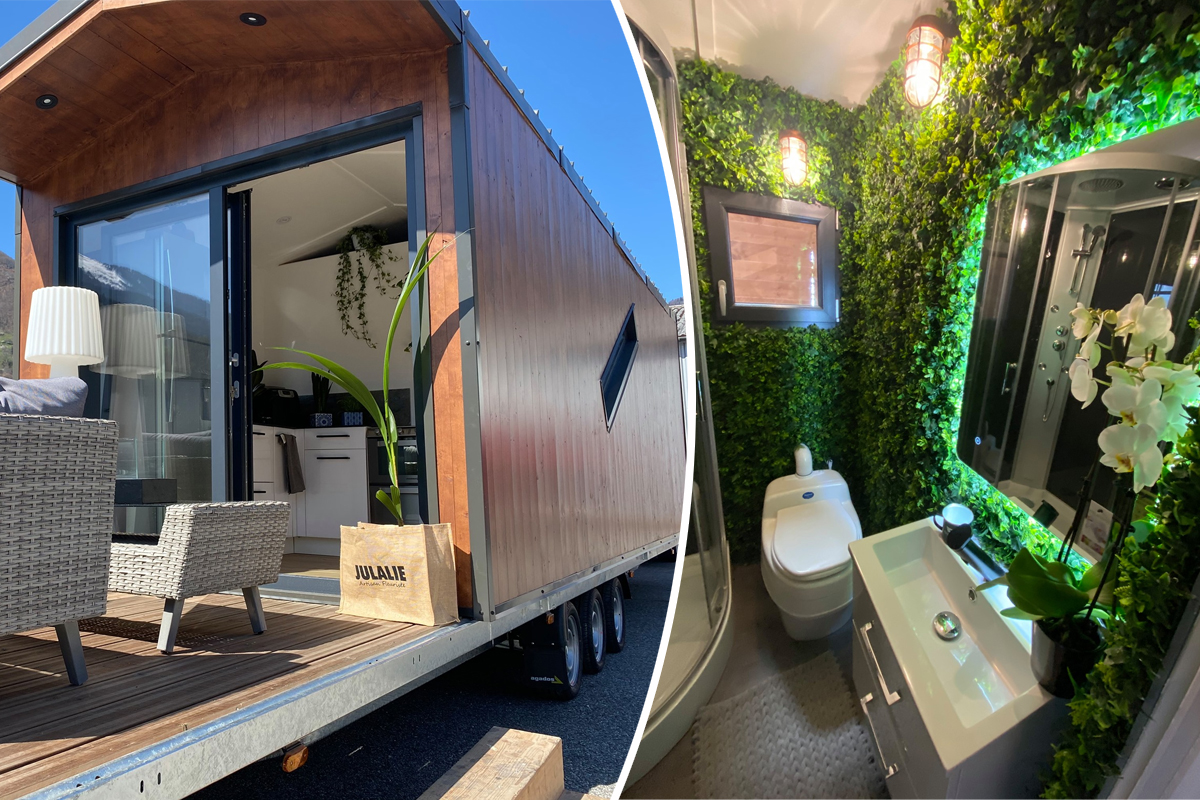 Tiny House: A cool mobile home with a terrace and green wall in the bathroom