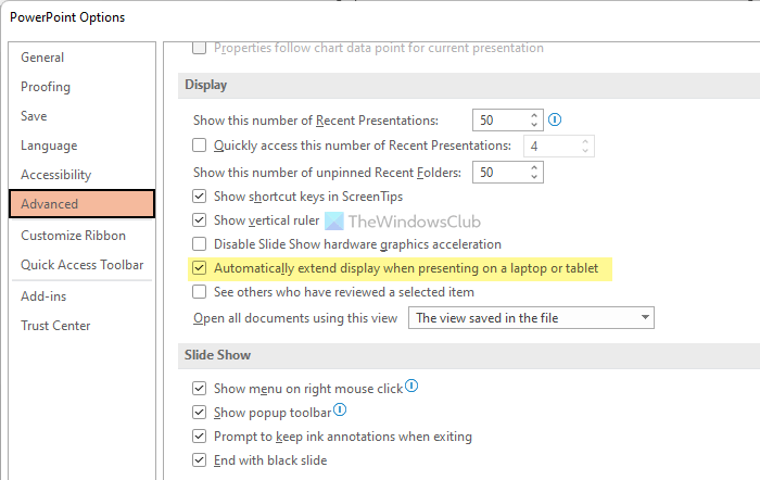 Prevent PowerPoint from extending the view when viewing on your laptop