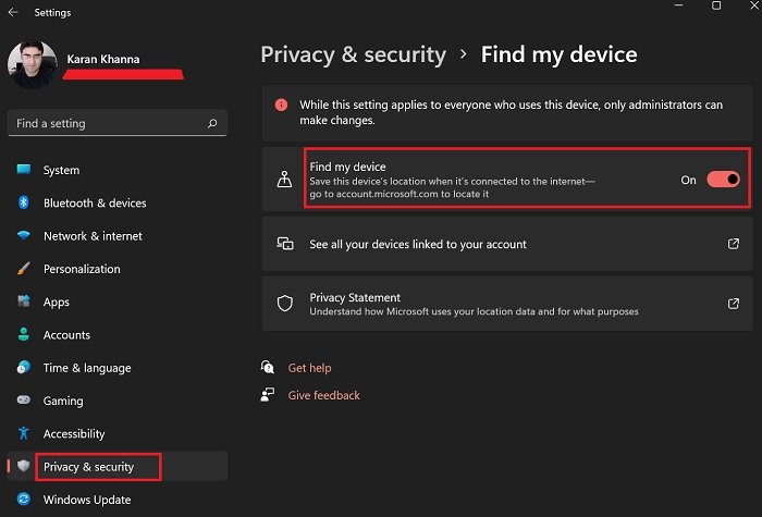 How to track a stolen laptop;  Enable Find My Device in Windows 11/10