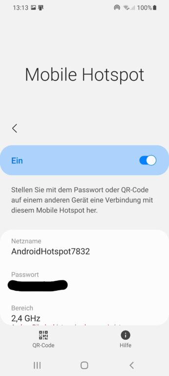 The hotspot created by the smartphone does not support WiFi connection.  (screenshot)