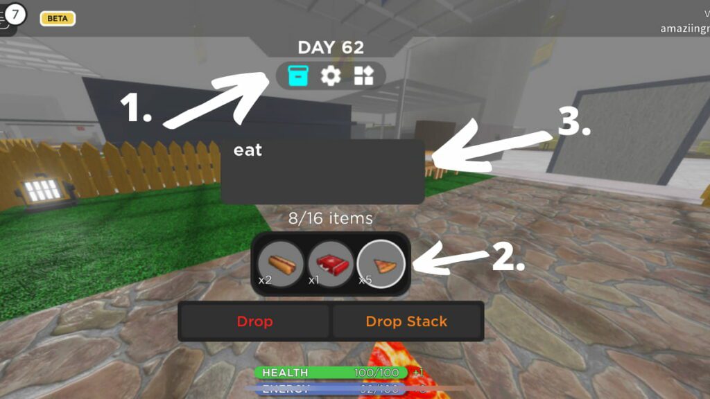 Inventory with arrows indicating where to click